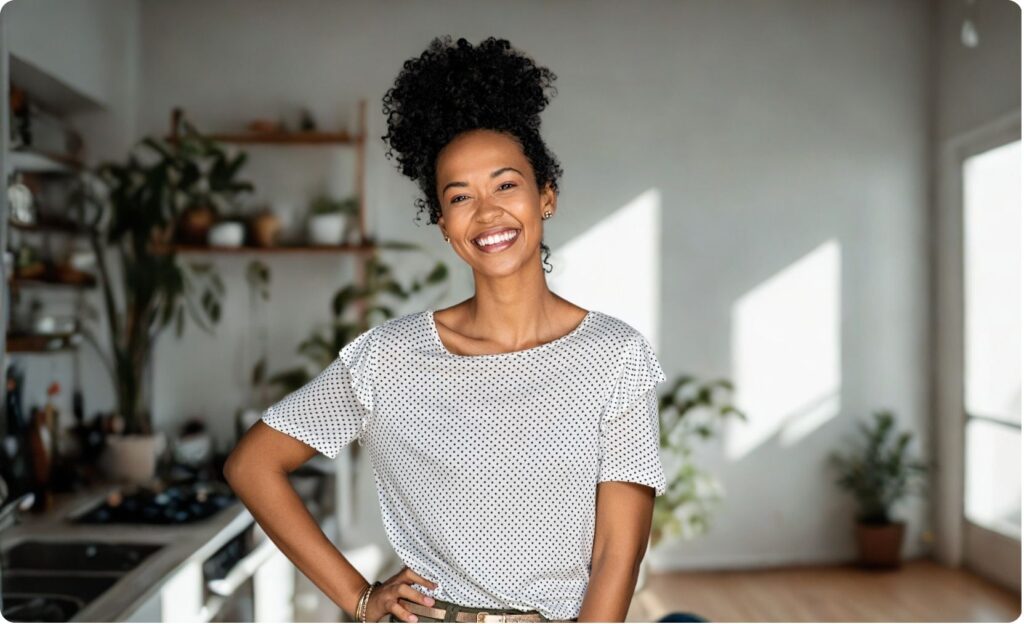 Lächelnde Frau steht in einer hellen Küche und blickt direkt in die Kamera. Sie ist Deutschlernende bei Little World und freut sich auf neue Gespräche.
